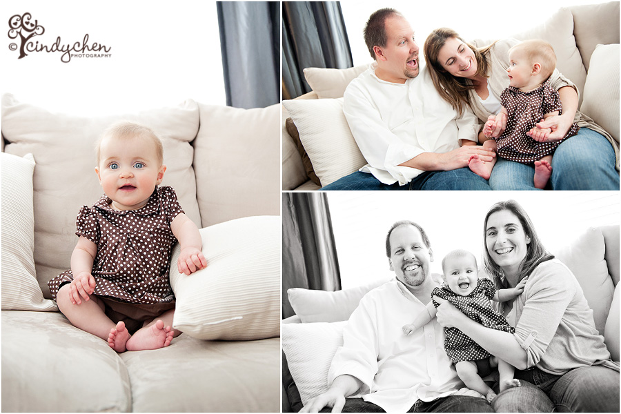 family of three in a relaxed portait session at home